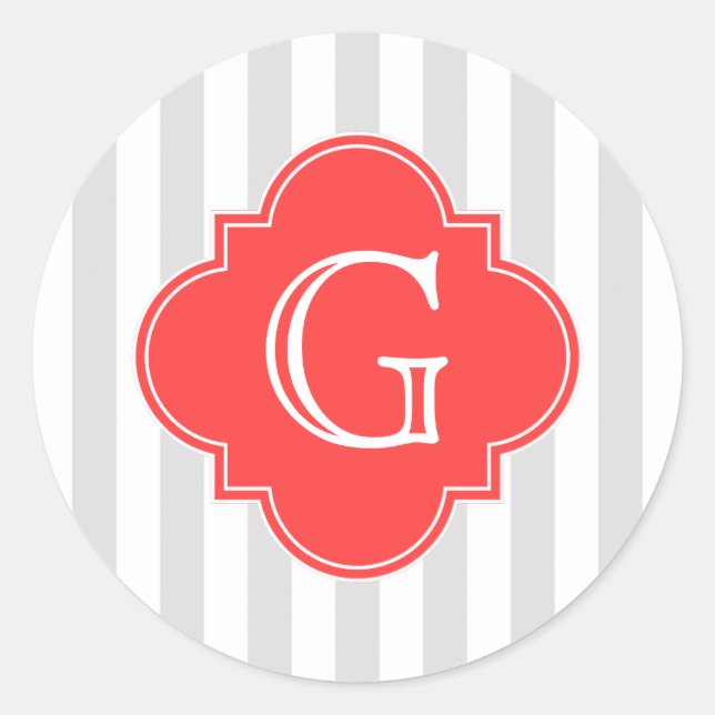 Light Gray White Stripes Coral Red Monogram Label (Front)