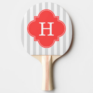 Light Gray White Stripes Coral Red Monogram Label Ping-Pong Paddle
