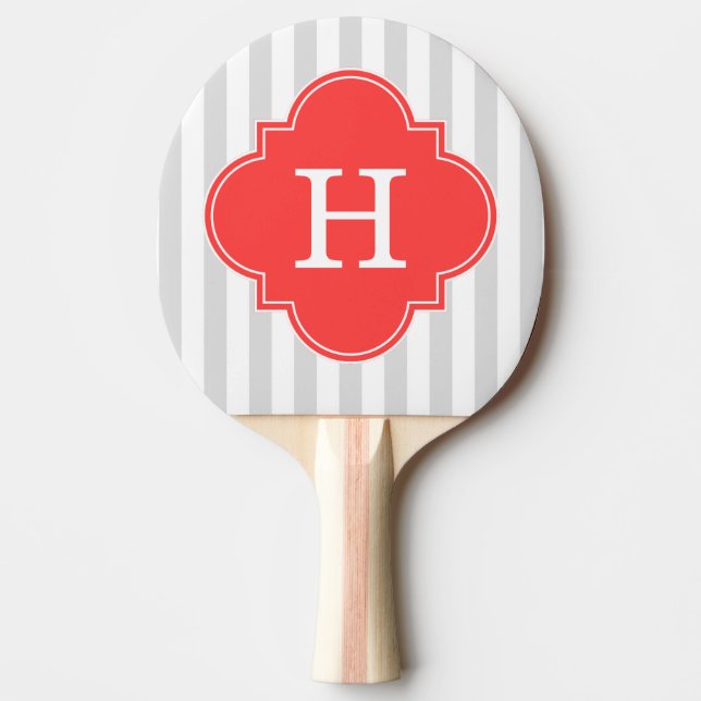 Light Gray White Stripes Coral Red Monogram Label Ping-Pong Paddle (Front)