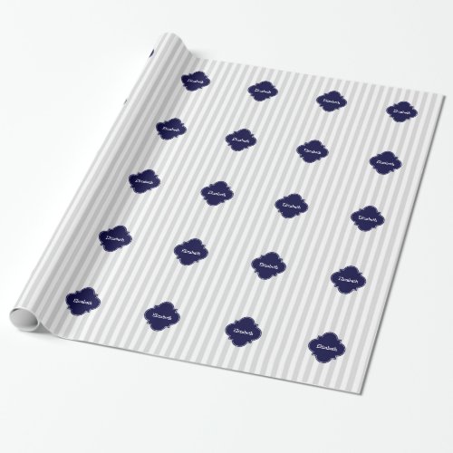 Light Gray White Stripes Navy Blue Label Monogram Wrapping Paper