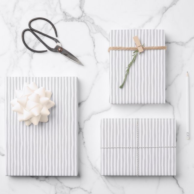 Light Gray & White Wonky Stripes Wrapping Paper Sheets (Front)
