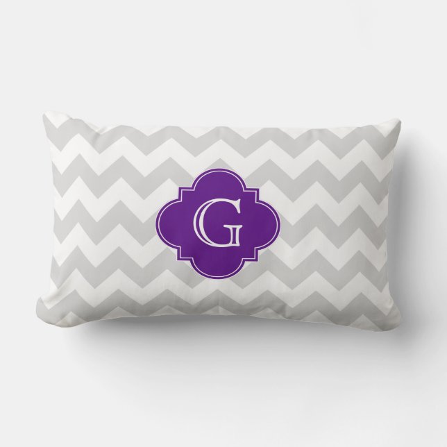 Light Gray Wht Chevron Purple Quatrefoil Monogram Lumbar Pillow (Front)