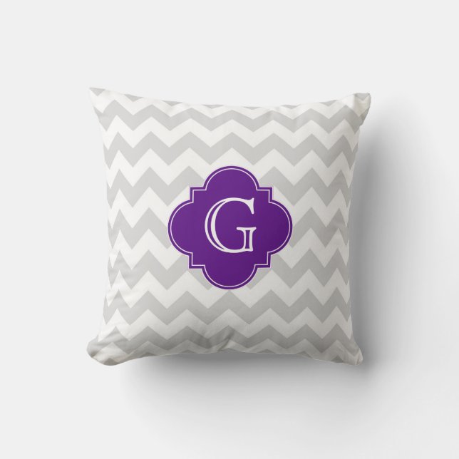 Light Gray Wht Chevron Purple Quatrefoil Monogram Throw Pillow (Front)