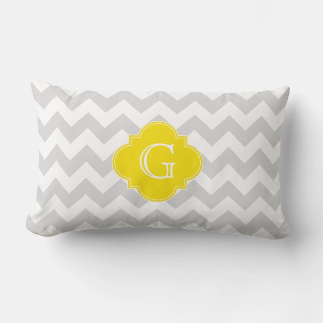 Light Gray Wht Chevron Yellow Quatrefoil Monogram Lumbar Pillow (Front)