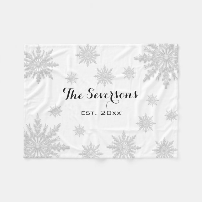 Light Gray Winter Snowflakes on White Fleece Blanket (Front (Horizontal))