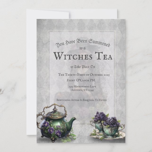Light Gray Witches Tea Enchanting Brew Invitation (Front)