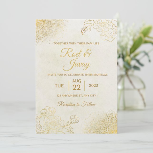Light Grayish Yellow and Orange Minimalist Wedding Invitation (Standing Front)