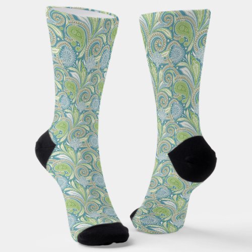 Light Green and blue ethnic paisley pattern Socks