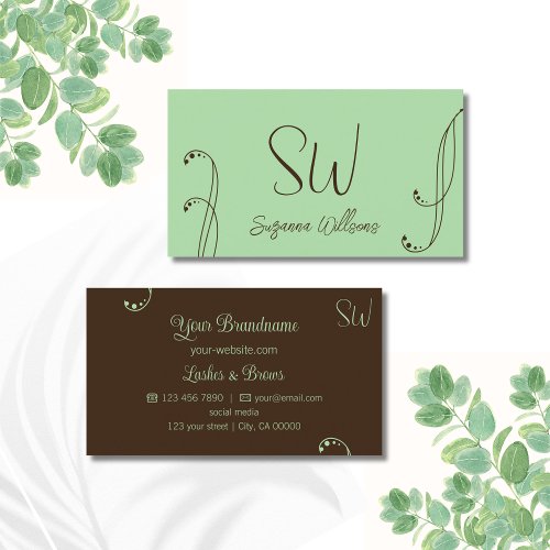 Light Green and Brown Modern Ornate with Monogram Business Card