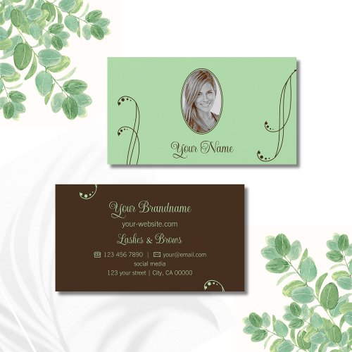 Light Green and Brown Ornate with Portrait Photo Business Card