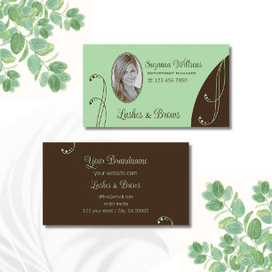 Light Green and Brown Ornate with Portrait Photo Business Card