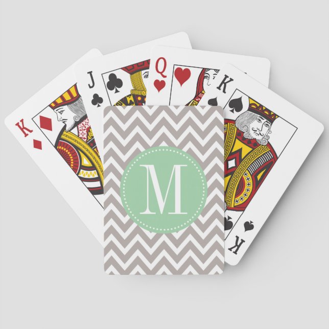 Light Green and Grey Chevron Custom Monogram Poker Cards (Back)