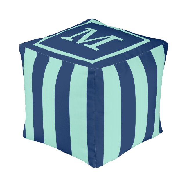 Light Green and Navy Blue Stripes with Monogram Pouf (Angled Front)