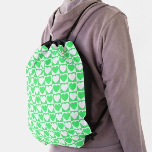 Light Green and White Checkerboard Heart Pattern Drawstring Bag