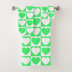 Light Green and White Checkered With Hearts Bath Towel Set