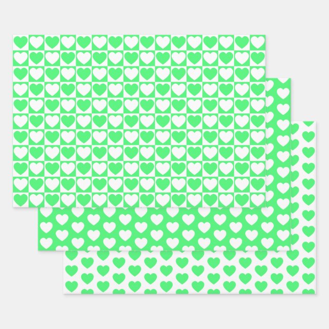Light Green and White Hearts Wrapping Paper Sheets (Set)