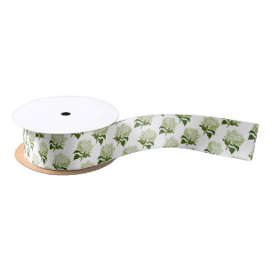 Light Green and White Hydrangea Flower Pattern Satin Ribbon