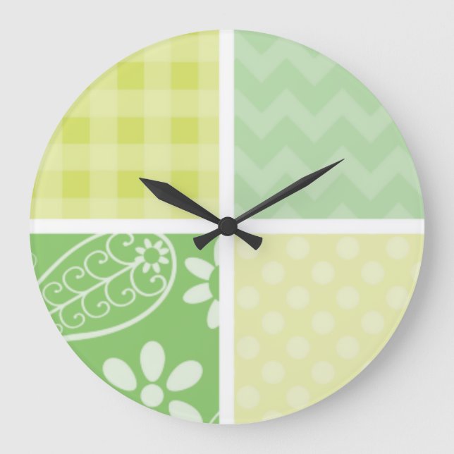 Light Green and Yellow Cute Checkered Large Clock (Front)