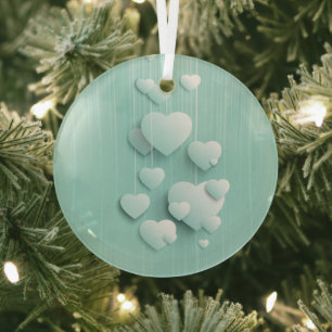 Light green background with 3D white hearts Glass Ornament