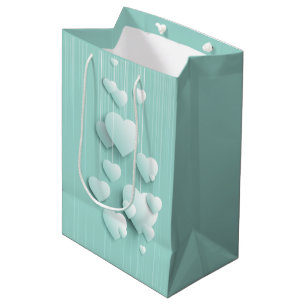 Light green background with 3D white hearts    Medium Gift Bag