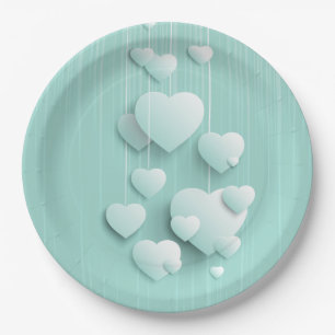 Light green background with 3D white hearts Paper Plates