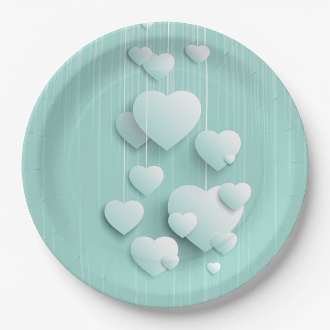 Light green background with 3D white hearts Paper Plates (Front)