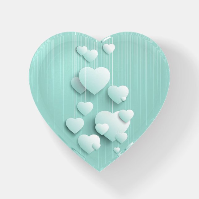 Light green background with 3D white hearts  Paperweight (Front)