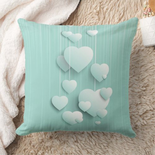 Light green background with 3D white hearts   Throw Pillow