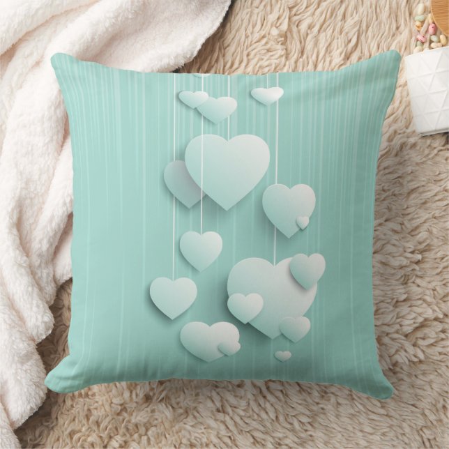 Light green background with 3D white hearts   Throw Pillow (Blanket)