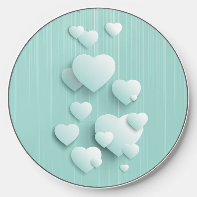 Light green background with 3D white hearts   Wireless Charger (Front)