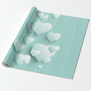 Light green background with 3D white hearts    Wrapping Paper