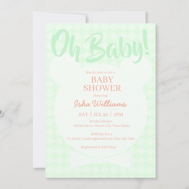 Light Green Bear bow tie Oh Baby Shower Invitation (Front)