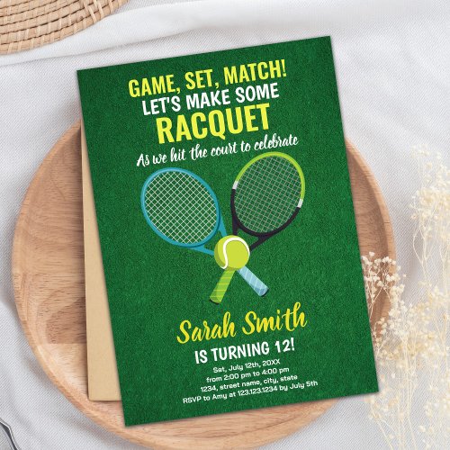 Light Green Blue Tennis Birthday Invitations