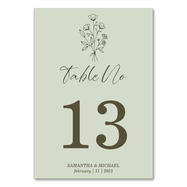 Light Green Boho Botanical Signature Floral Table Number