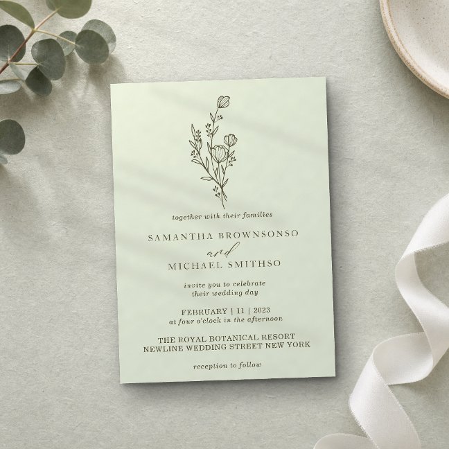 Light Green Bouquet Boho Minimal Botanical Invitation