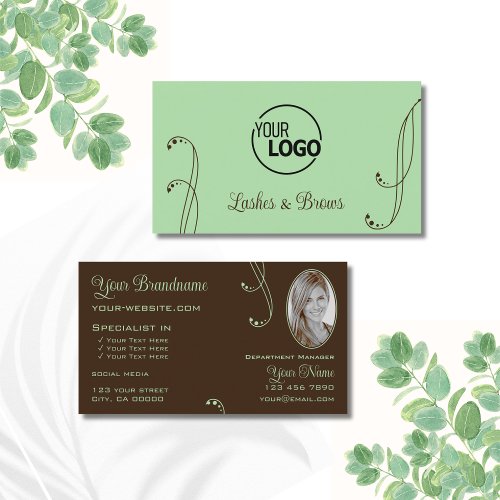 Light Green Brown Chic Ornate with Logo and Photo Business Card