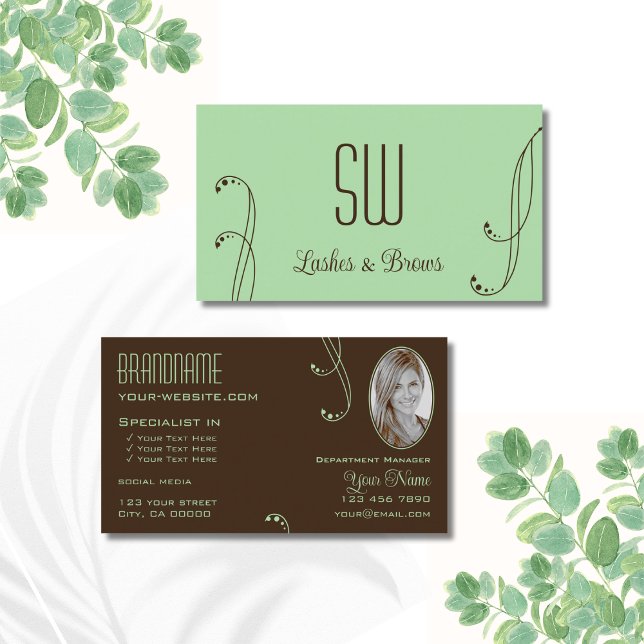 Light Green Brown Ornate with Monogram and Photo Business Card (Creator Uploaded)