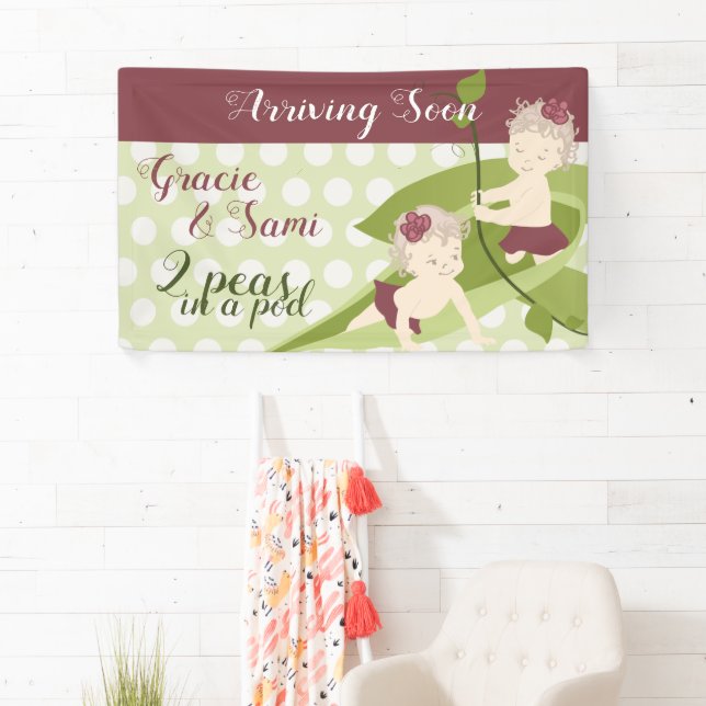 Light Green, Burgundy Twin Birthday Baby Shower Banner (Insitu)