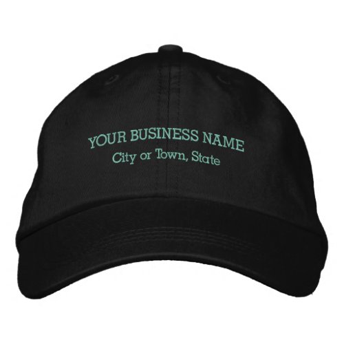 Light Green Business Name on Adjustable Black Embroidered Baseball Cap