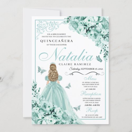 Light Green Butterfly Tiara Princess Quinceanera Invitation