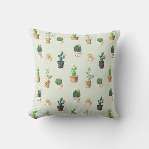 Light Green Cactus Succulent Plant Pattern Pillow