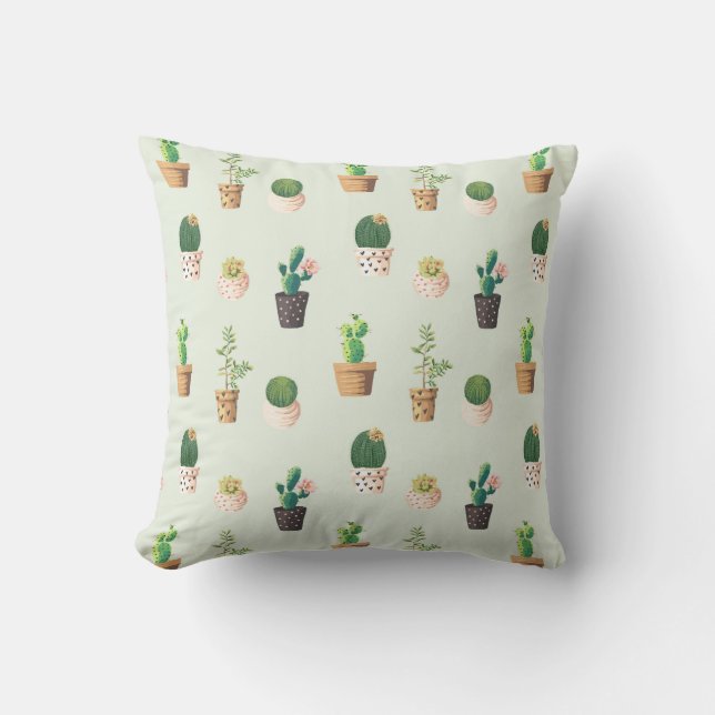 Light Green Cactus Succulent Plant Pattern Pillow (Front)