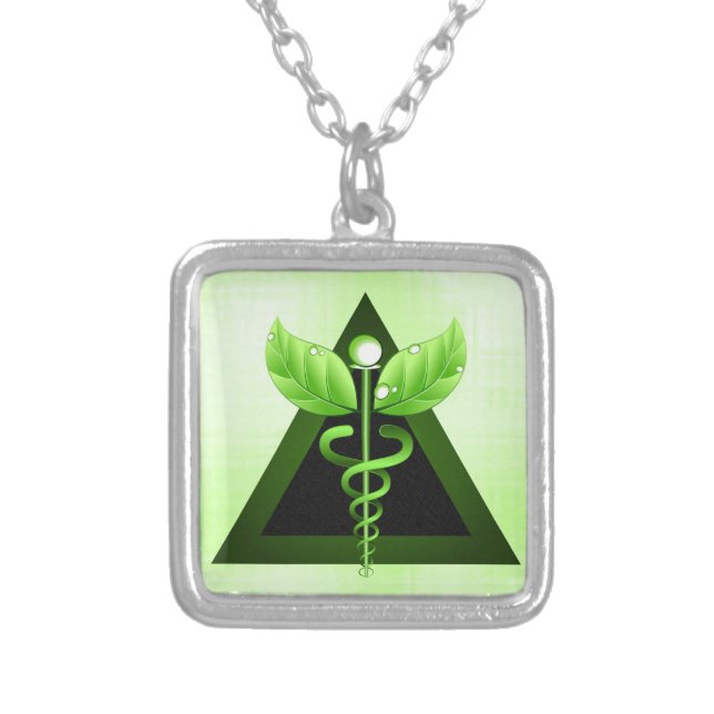 Light Green Caduceus Alternative Medicine Symbol Silver Plated Necklace (Front)