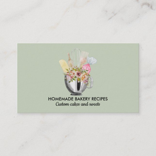 Light Green Chef Watercolor Baking Utensils Bakery Business Card (Front)