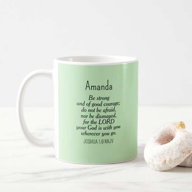 Light Green Courage Bible Verse Custom Name Coffee Mug (With Donut)