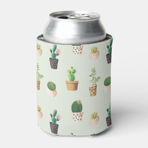 Light Green Cute Cactus Cacti Pattern Can Cooler