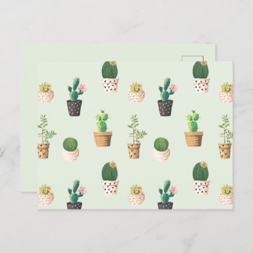 Light Green Cute Cactus Cacti Pattern Postcard