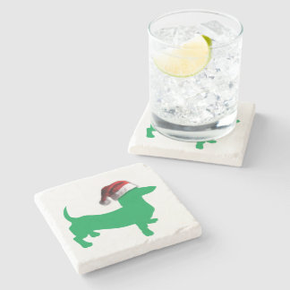 Light Green Dachshund with a Santa Claus Hat Stone Coaster