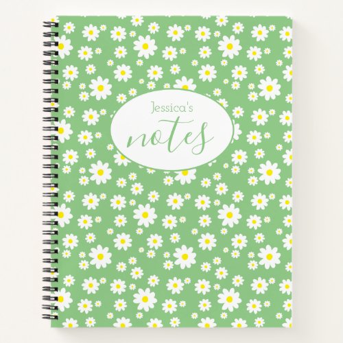 Light Green Daisy Flower Pattern Custom Name Notebook