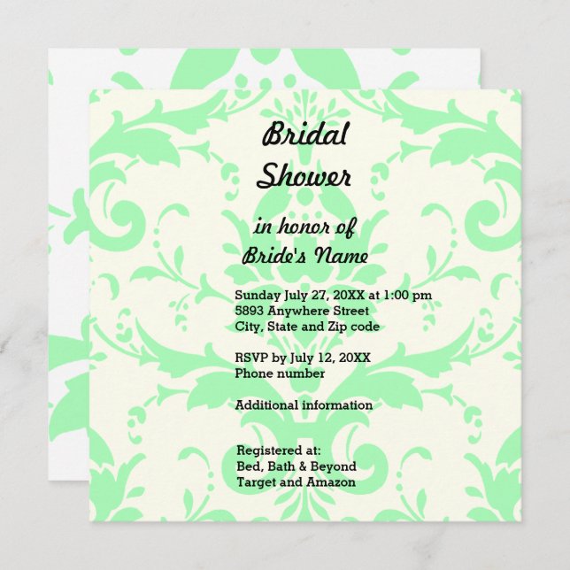 Light Green Damask Bridal Shower Invitation (Front/Back)